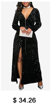 Front Slit Long Sleeve Belted Sequin Dress