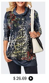 Christmas Print Cowl Neck Faux Two Piece T Shirt