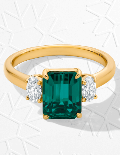 Emerald-Cut Lab-Created Emerald & Oval-Cut Lab-Grown Diamond Ring 1/2 ct tw 14K Yellow Gold