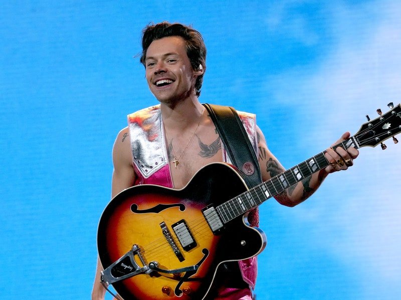 Image may contain: Musical Instrument, Guitar, Leisure Activities, Human, Person, Harry Styles, Electric Guitar, and Musician