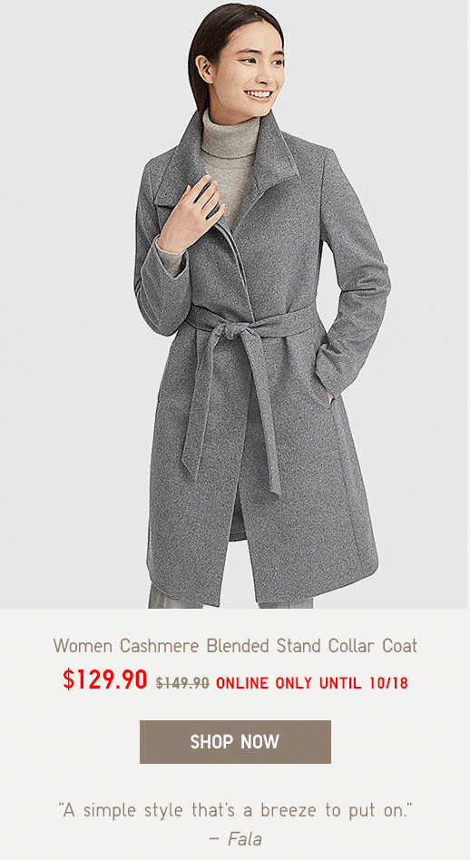 WOMEN CASHMERE BLENDED STAND COLLAR COAT $139.90, MEN WOOL CASHMERE CHESTERFIELD COAT $129.90