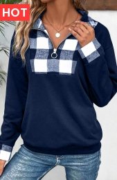 Navy Patchwork Plaid Long Sleeve Turn Down Collar Sweatshirt