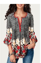 Button Up Pleated Printed Three Quarter Sleeve Blouse