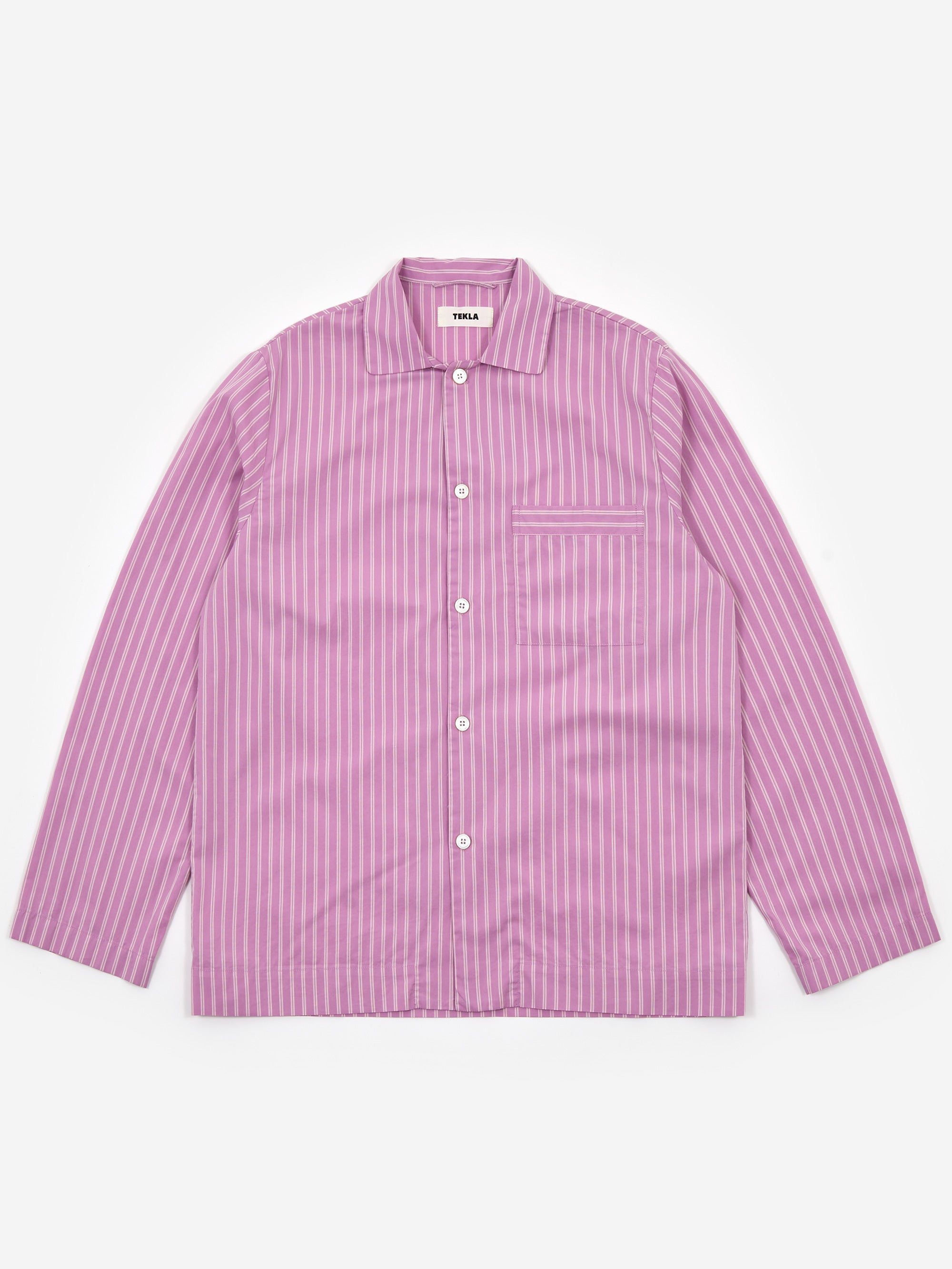 Image of TEKLA Cotton Poplin Pyjama Shirt - Purple Pink Stripes