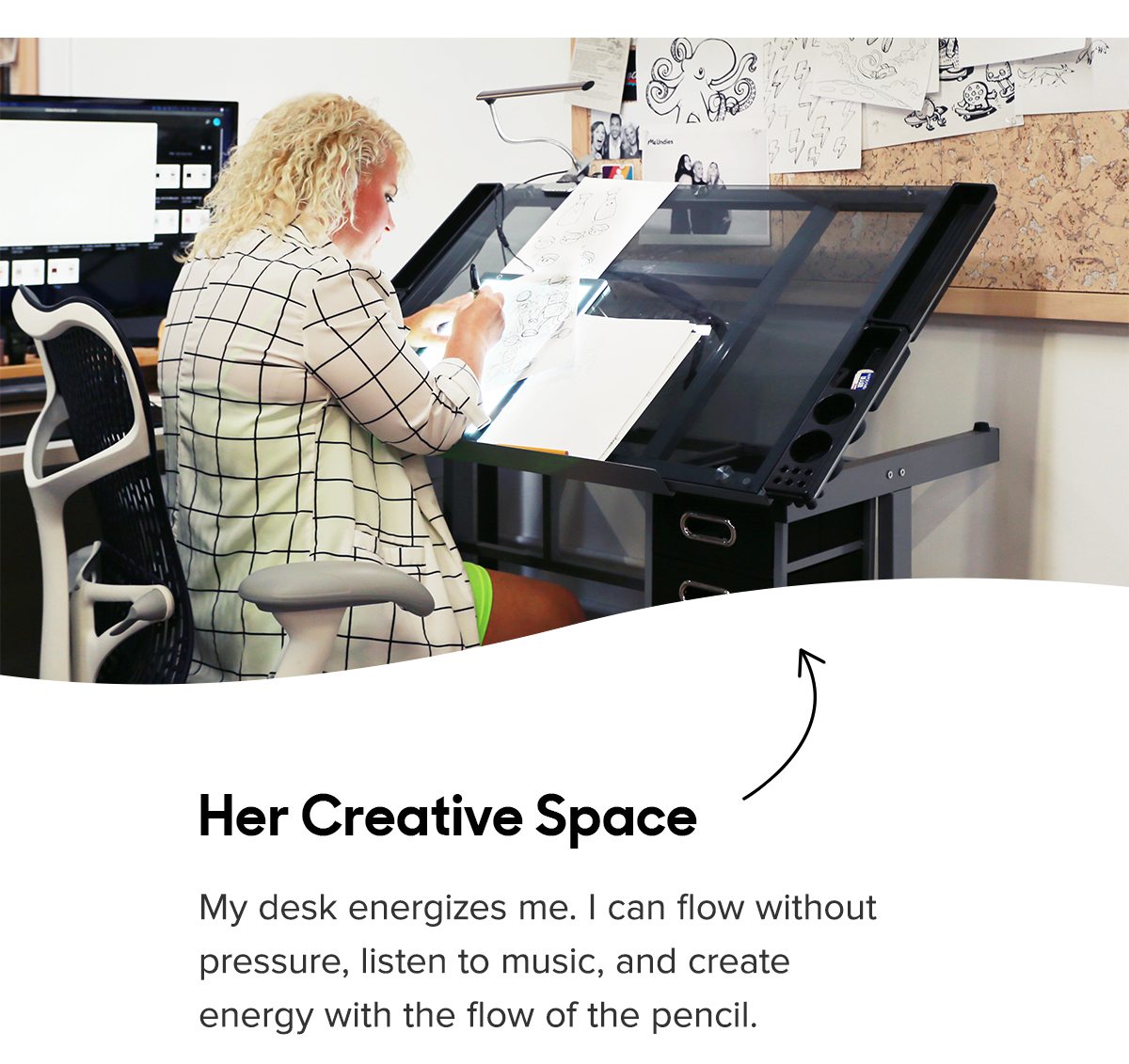 Her Creative Space: *photo of her desk* My desk energizes me. I can flow without pressure, listen to music, and create energy with the flow of the pencil. Want to know more? Ask her for a copy of her book about her life. 