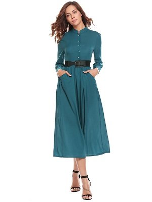 Blue Mock Neck Long Lantern Sleeve Loose Button Business Dress