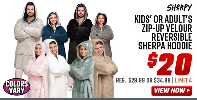 Sherpy Kids' or Adult's Zip-Up Velour Reversible Sherpa Hoodie