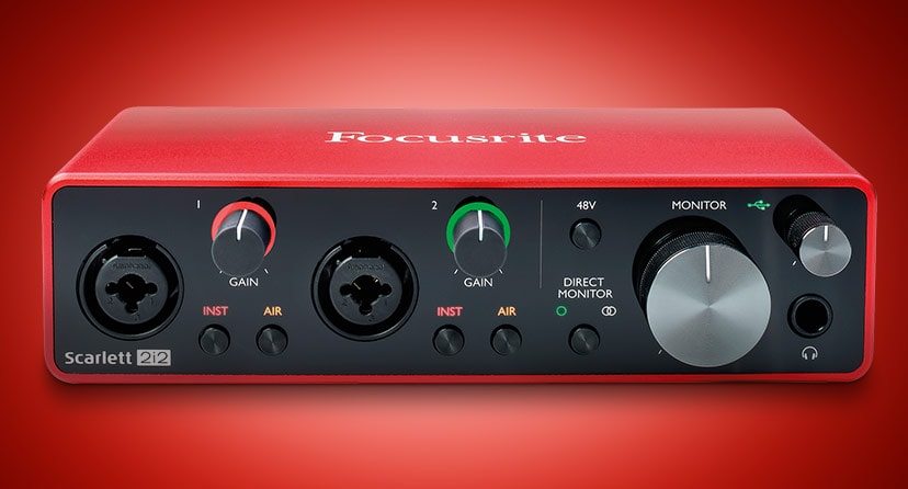 Focusrite Scarlett 2i2 Audio Interface. Intuitive home studio interface with hi-res recording and direct monitoring