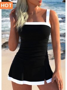 ROTITA Contrast Binding Black Patchwork Tankini Set