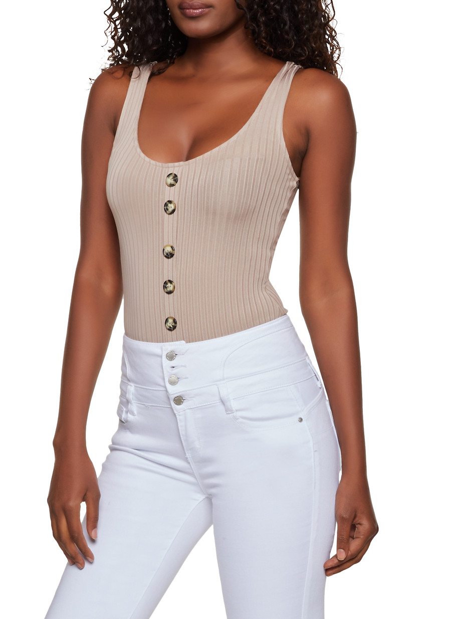 Ribbed Button Detail Thong Bodysuit