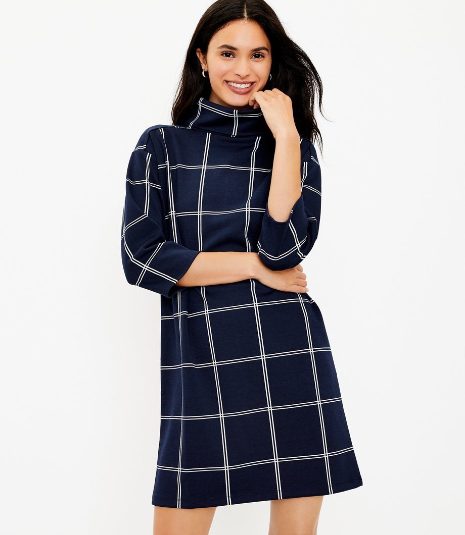 Windowpane Funnel Neck Tunic Dress