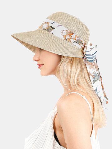Women Print Bowknot Decor Straw Hat