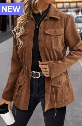 Dark Coffee Drawstring Long Sleeve Shirt Collar Coat