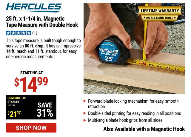 Hercules: 25ft Tape Measure with double hook