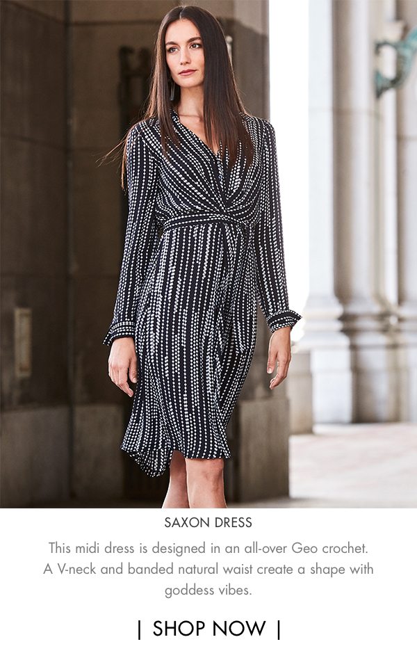 Lounge In Style - Saxon Dress - This midi dress is designed in an all-over Geo crochet. A V-neck and banded natural waist create a shape with goddess vibes.