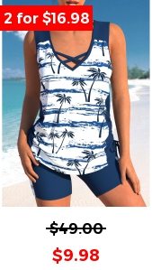 Criss Cross Tropical Plants Print Navy Tankini Top