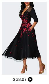 V Neck Flower Print Mesh Panel Black Dress