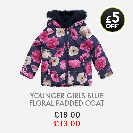 Younger Girls Blue Floral Padded Coat