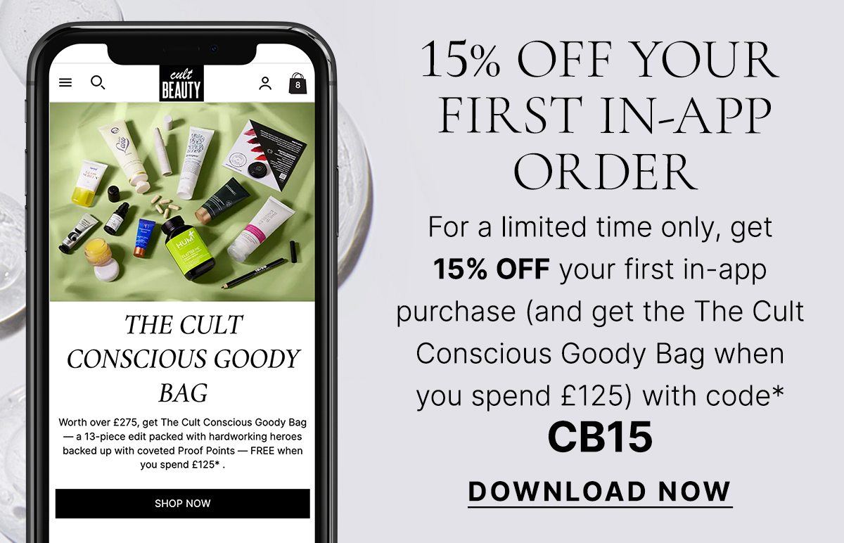For a limited time only, get 15% OFF your first in-app purchase (and get the The Cult Conscious Goody Bag when you spend £125) with code** CB15