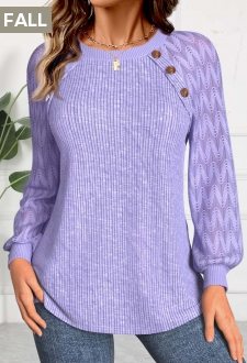 ROTITA Lace Light Purple Round Neck Long Sleeve Sweatshirt