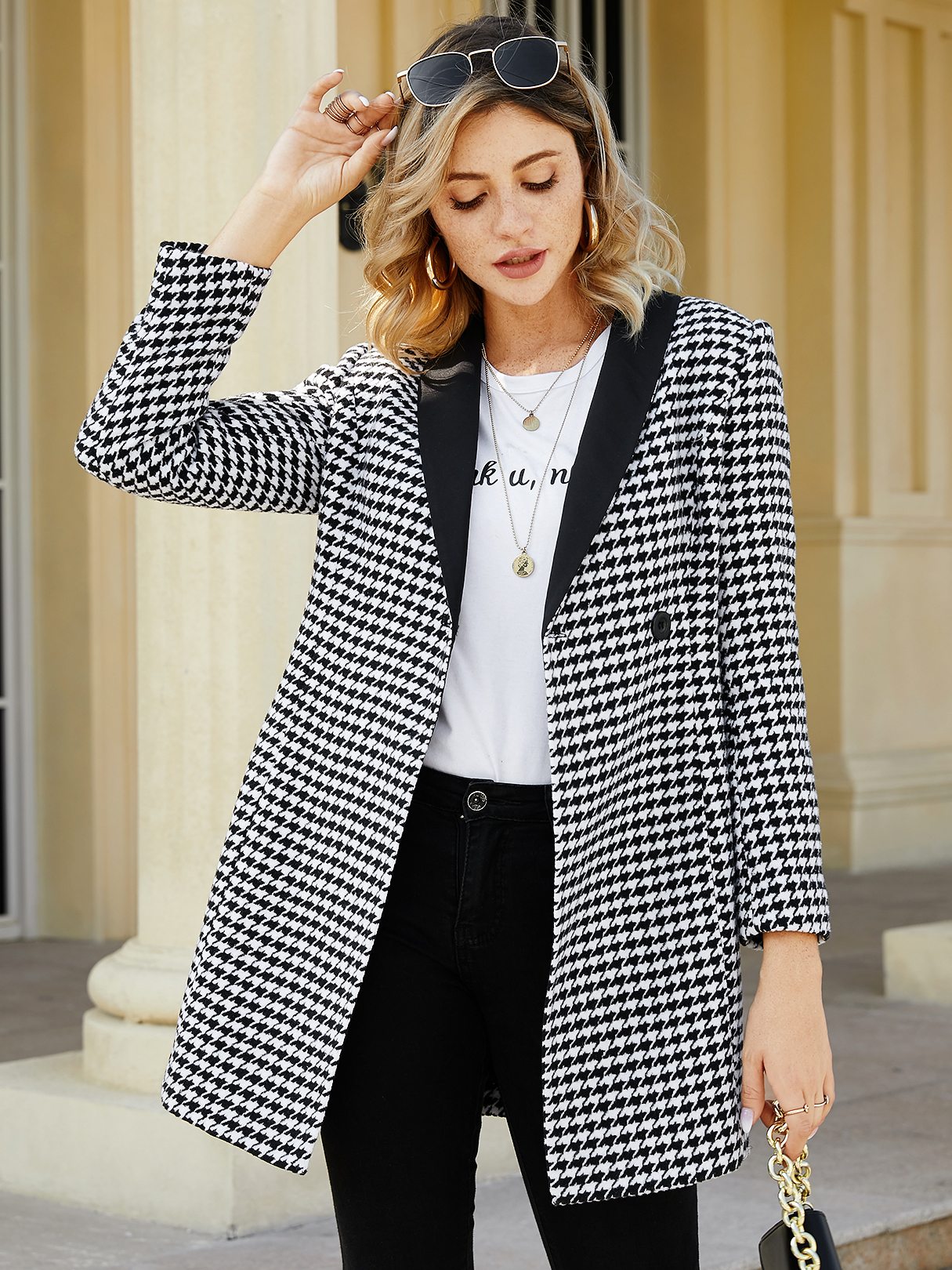 Black Houndstooth Front Button Tartan Coat