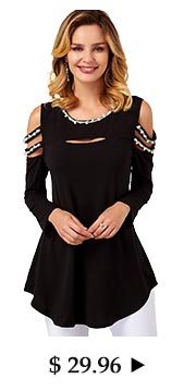 Curved Hem Cold Shoulder Pearl Embellished T Shirt 