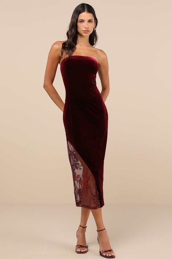 Image of Feeling So Luxe Burgundy Velvet Mesh Sequin Strapless Midi Dress