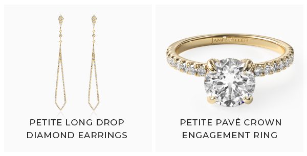 Petite Long Drop Diamond Earrings & Petite Pavé Crown Engagement Ring