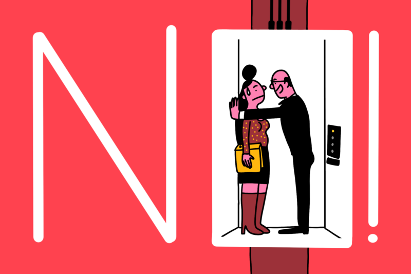 A man making unwanted advances on a woman in an elevator.