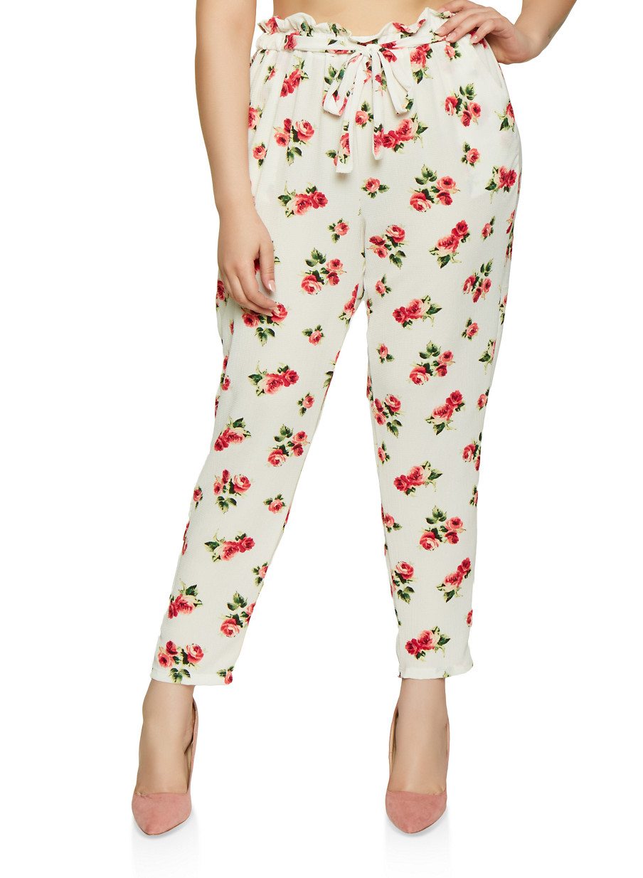 Plus Size Floral Tie Front Paper Bag Waist Pants