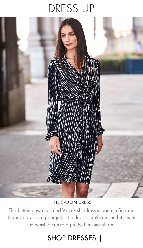 Dress Up - The Saxon Dress - This button down collared V-neck shirtdress is done in Serrano stripes on viscose georgette. The front is gathered and it ties at the waist to create a pretty, feminine shape.