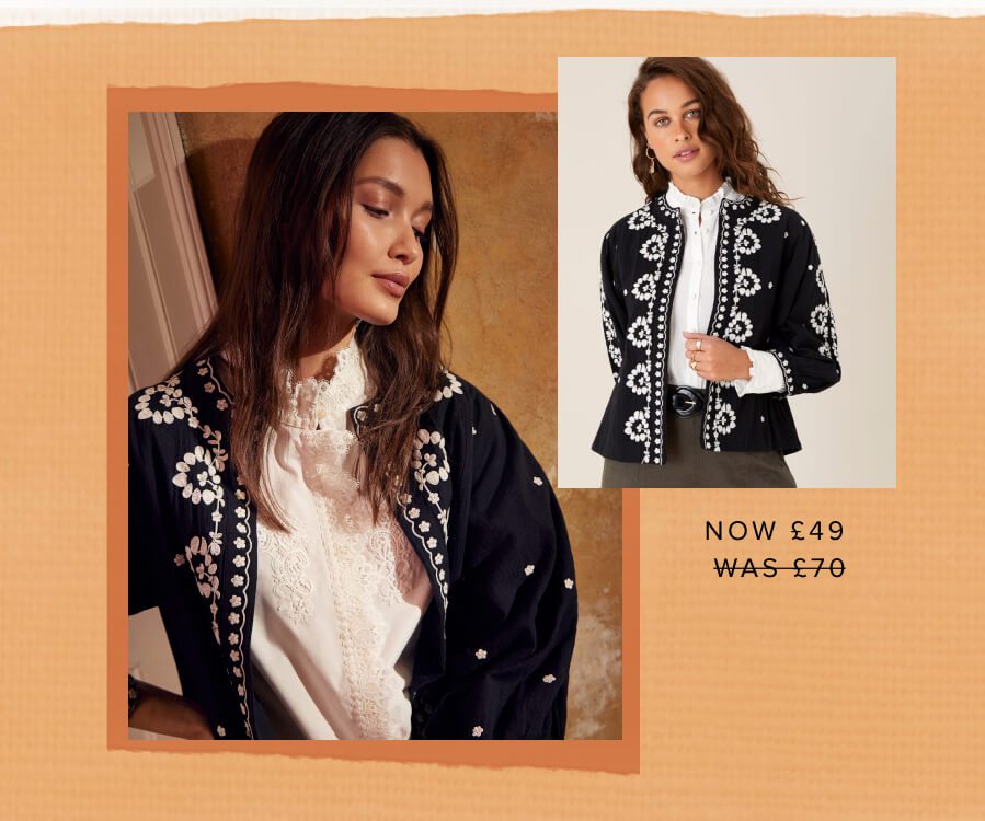 Floral embroidered jacket in organic cotton black was £70 now £49