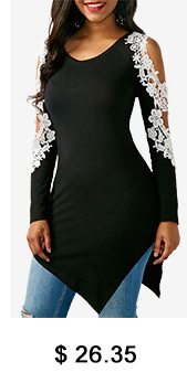 Lace Panel Asymmetric Hem Black Blouse