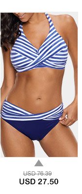 Halter Striped Twist Front Blue Bikini Set