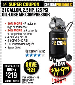 21 gal. 2-1/2 HP 125 PSI Cast Iron Vertical Air Compressor