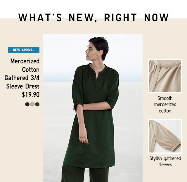 MERCERIZED COTTON GATHERED 3/4 SLEEVE DRESS $19.90