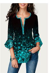 Button Front Flare Sleeve Printed Blouse