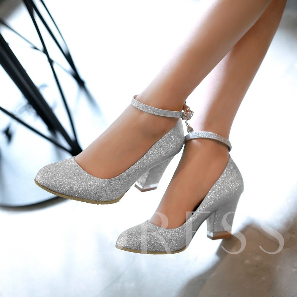 Ankle Strap Round Toe Plain Chunky Heel Women's Pumps
