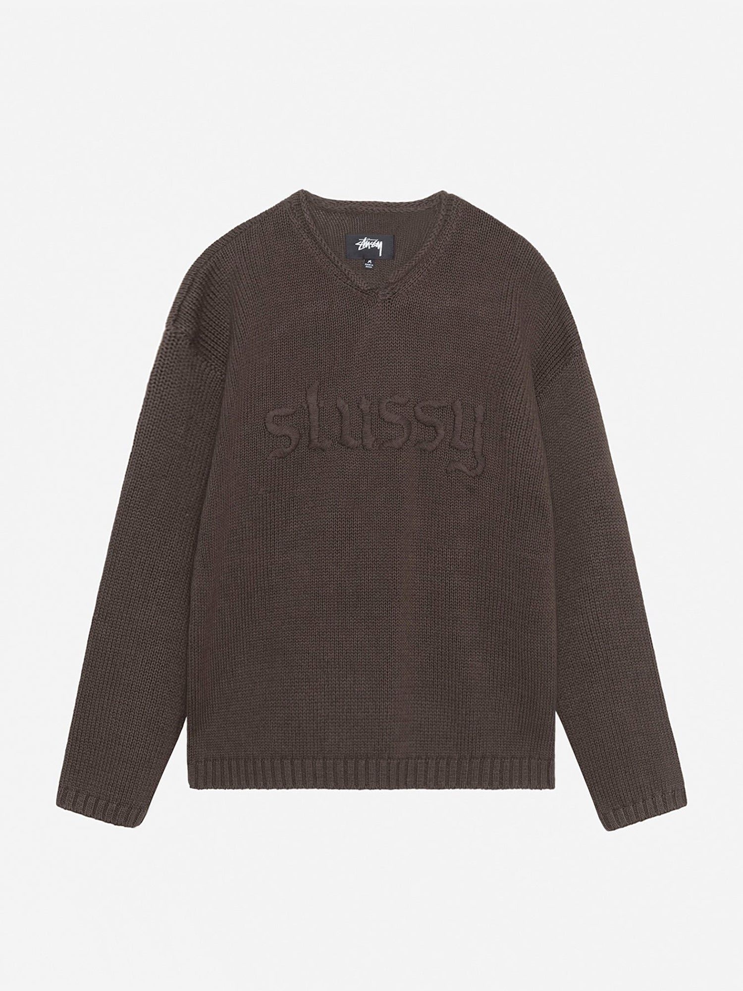 Image of Stussy Roll V-Neck Logo Sweater W - Brown