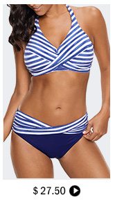 Halter Striped Twist Front Blue Bikini Set