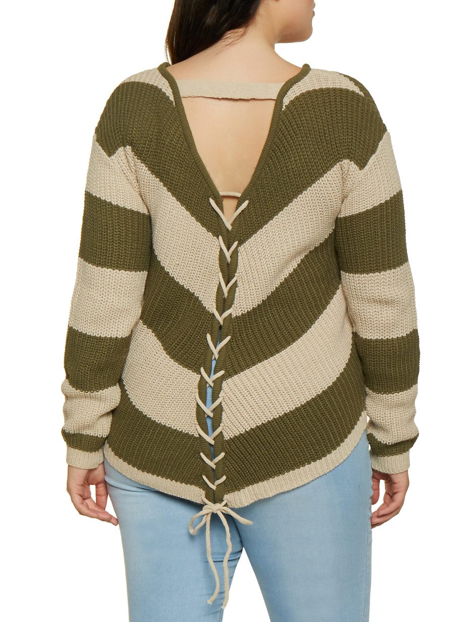 Plus Size Striped Lace Up Back Sweater