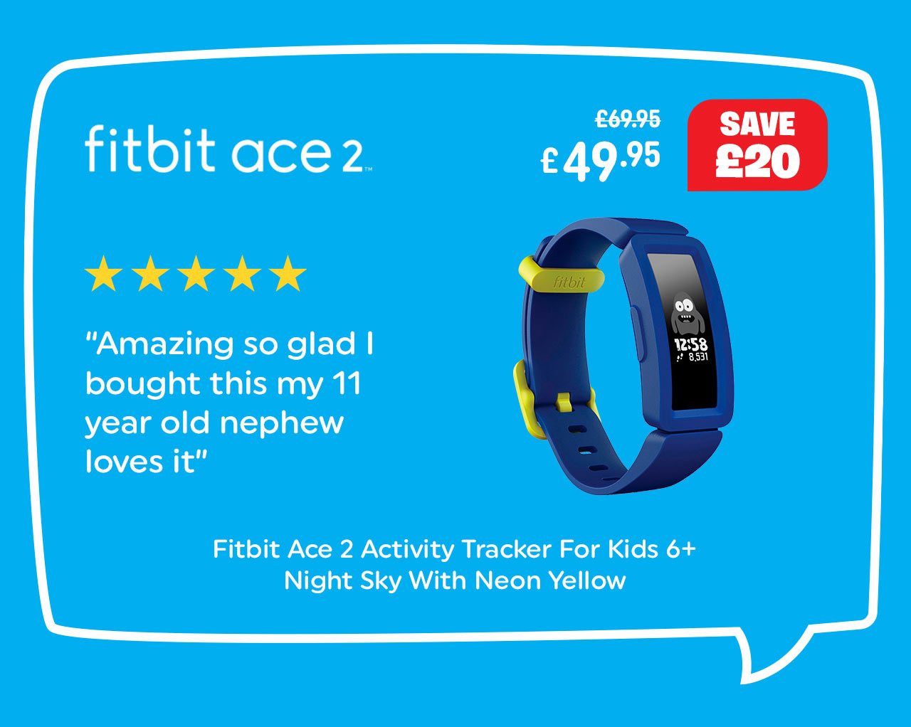Fitbit Ace 2 Activity Tracker For Kids 6+ Night Sky With Neon Yellow