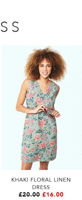 Khaki Floral Linen Dress - Was £20 Now £16