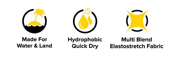 Hydrophobic, quick dry properties, Elastostretch fabric and Made For Water and Land