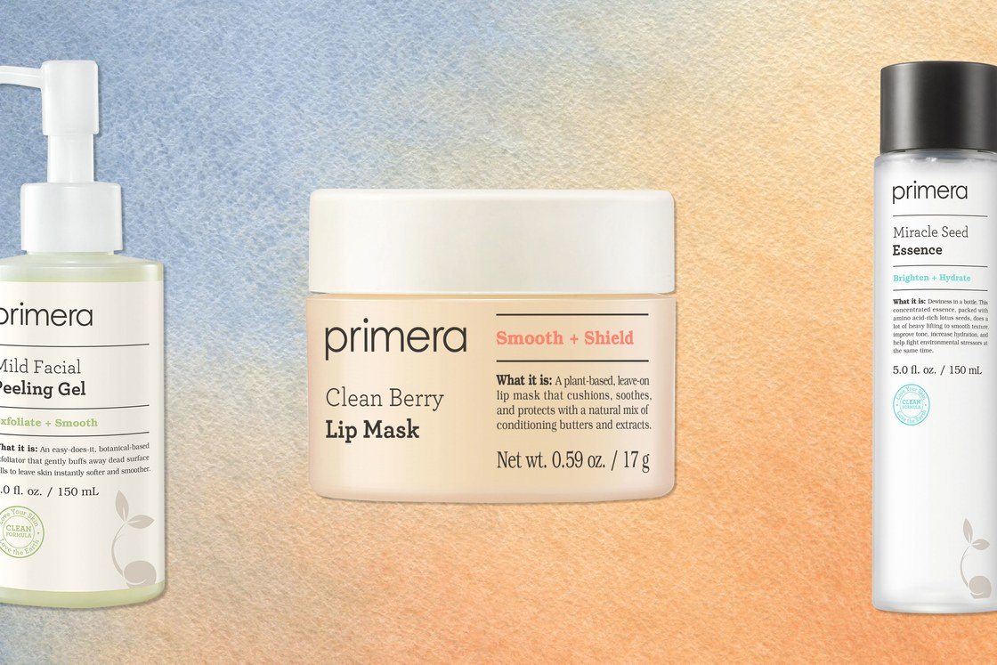A bottle, jar, and tall bottle of Amorepacific Primera Korean skin-care products on blue and orange gradient background