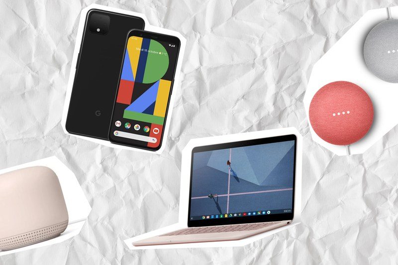 The Pixel 4, Nest Wifi, Pixelbook Go, and Nest Mini on a crinkled paper background