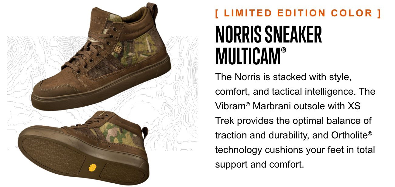 Norris Sneaker Multicam® | The Norris is stacked with style, comfort, and tactical intelligence. The Vibram® Marbrani outsole with XS Trek provides the optimal balance of traction and durability, and Ortholite® technology cushions your feet in total support and comfort.