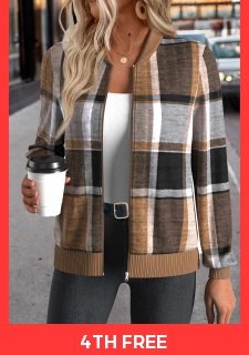 Dark Coffee Zipper Plaid Long Sleeve Stand Collar Jacket