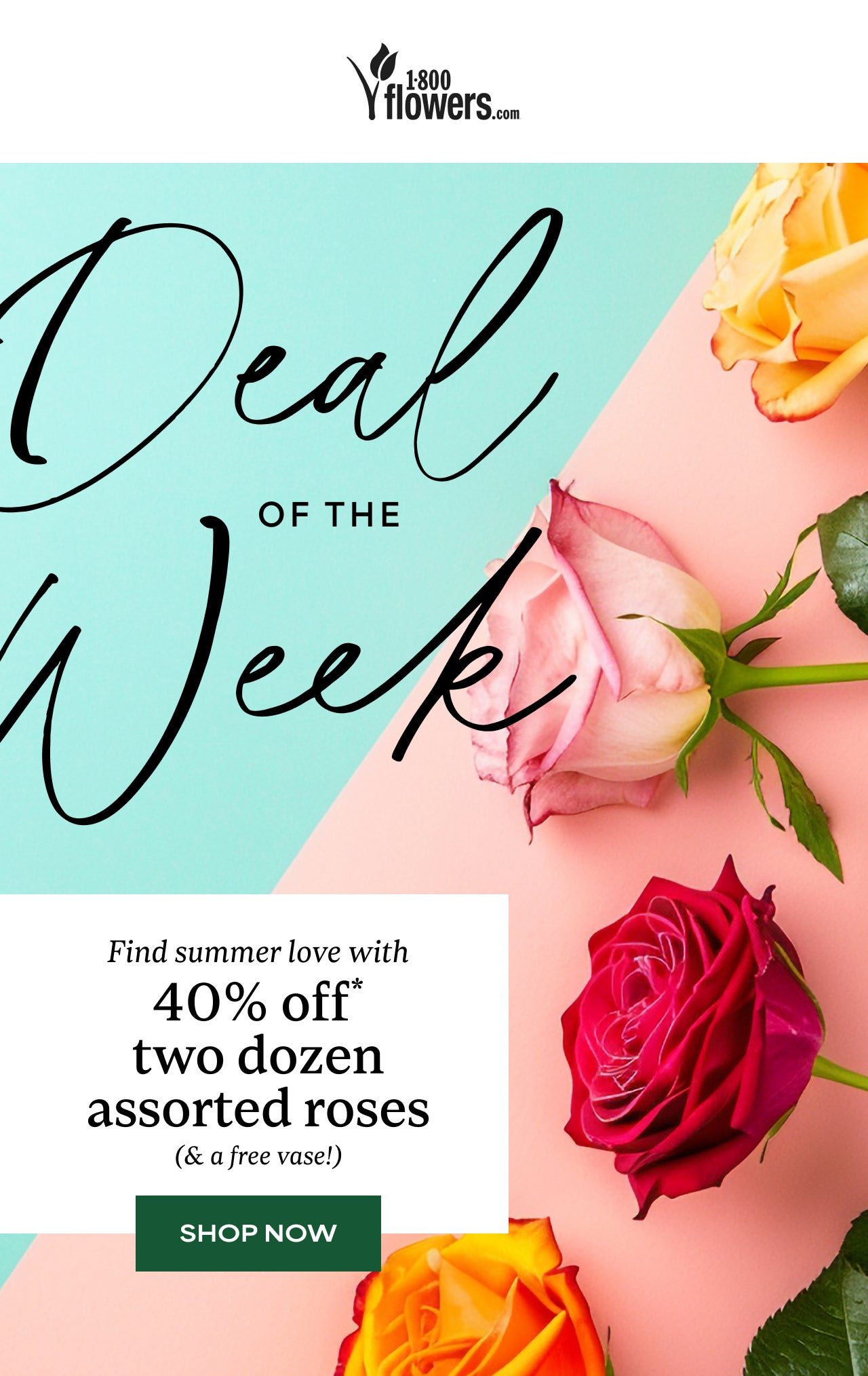 DEAL OF THE WEEK 40% OFF* TWO DOZEN ASSSORTED ROSES(& A FREE VASE!)