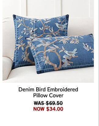 Denim Bird Embroidered Pillow Cover